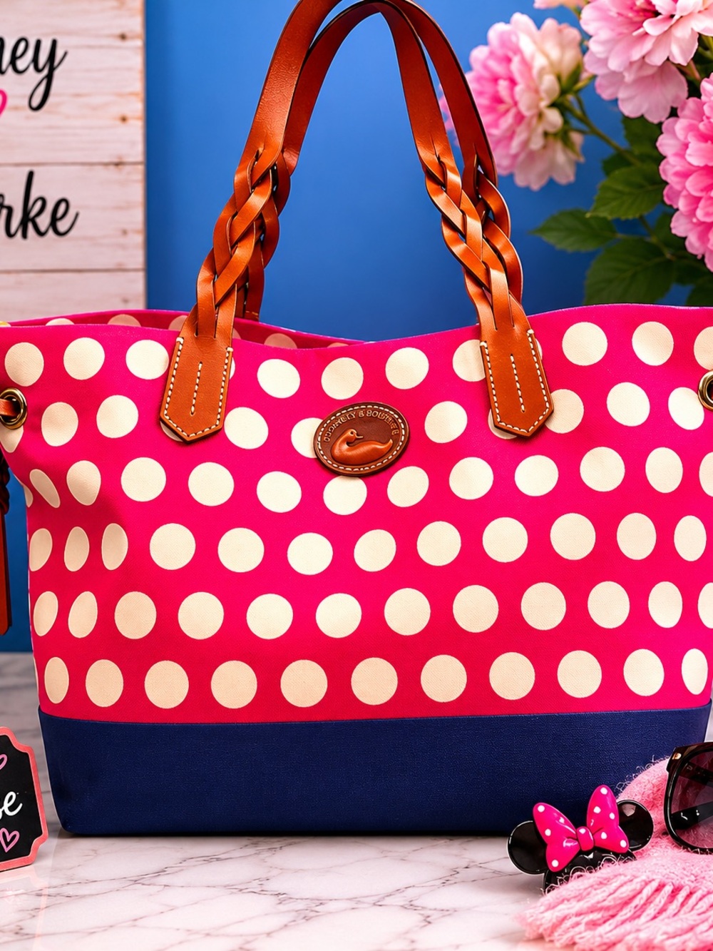 Dooney & Bourke Pink Polka Dot, & Blue Tote with Brown Handles (Rock The Dots) - Picture 7 of 7